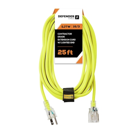 16/3 Gauge, 25 Ft SJTW W Lighted End, Contractor Grade UL And ETL Listed Extension Cord